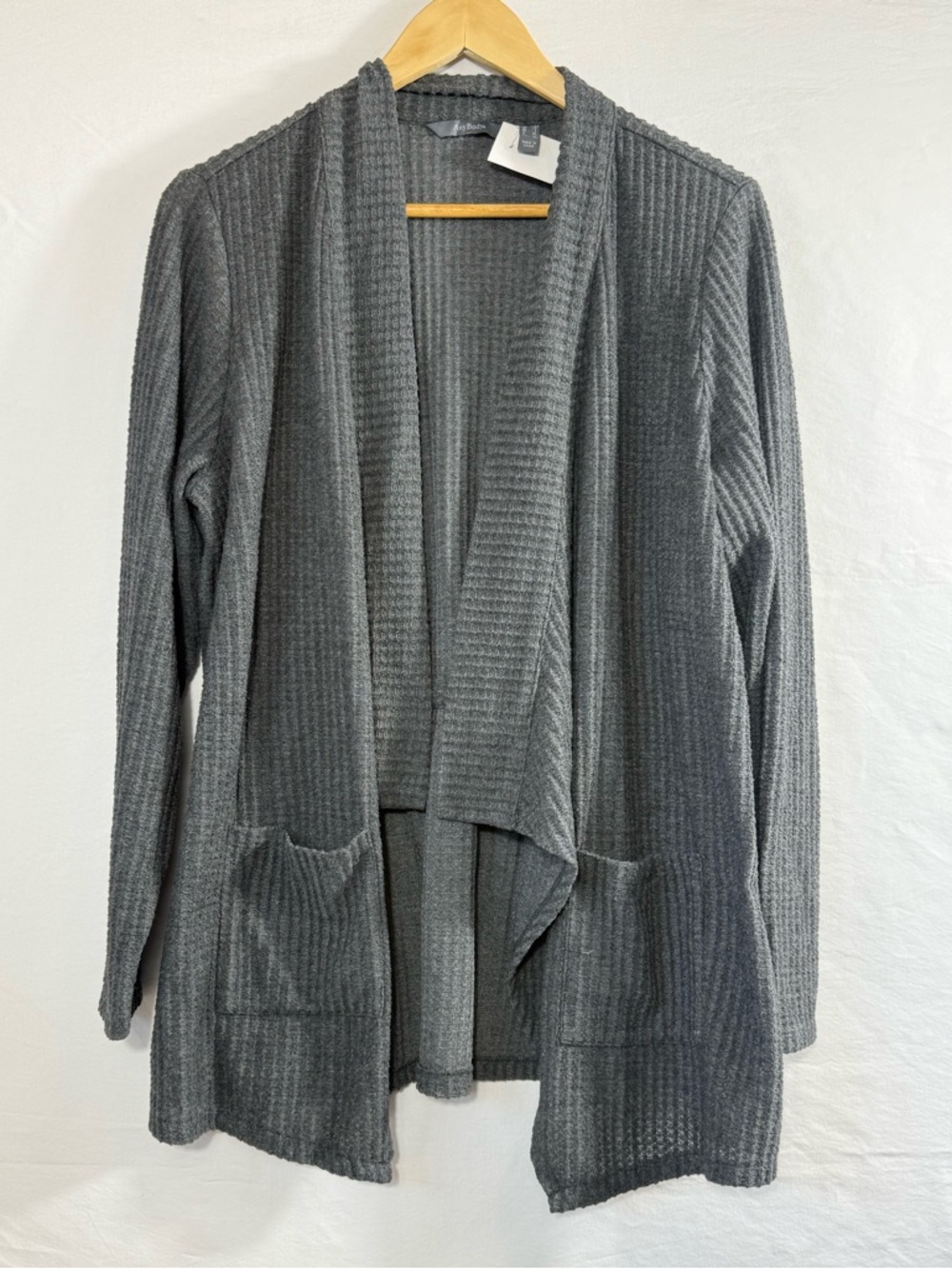an AnyBody Brushed Waffle Knit Waterfall Cardigan in Charcoal Grey